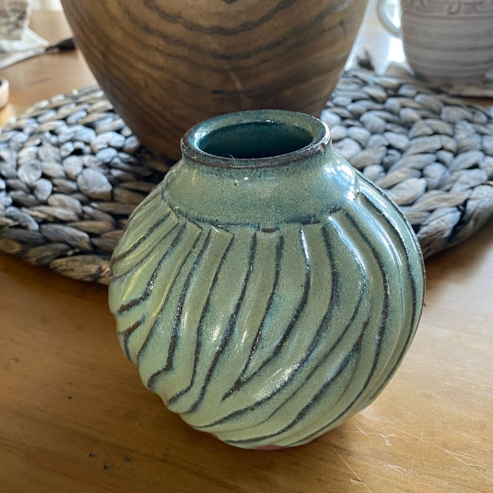 Green Swirl Ceramic Vase signed